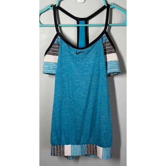 NIKE Womens Sport Stripe Layered Tank Top Medium Blue Racerback Activewear Gym - Picture 1 of 9